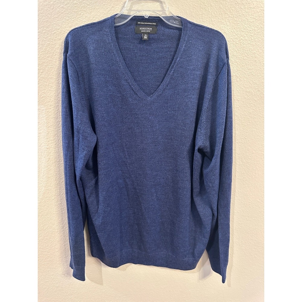 Nordstrom Merino Wool V-Neck Sweater Soft Knit Pullover Blue XL